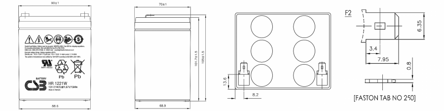 Размеры аккумулятора CSB HR 1221W